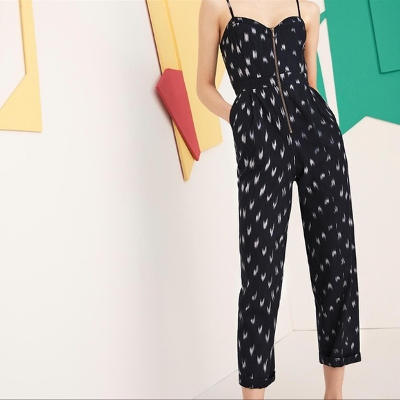 NWT Anthropologie Elevenses Womens Blue Ikat-Zip Front Jumpsuit Size 8 Elegance